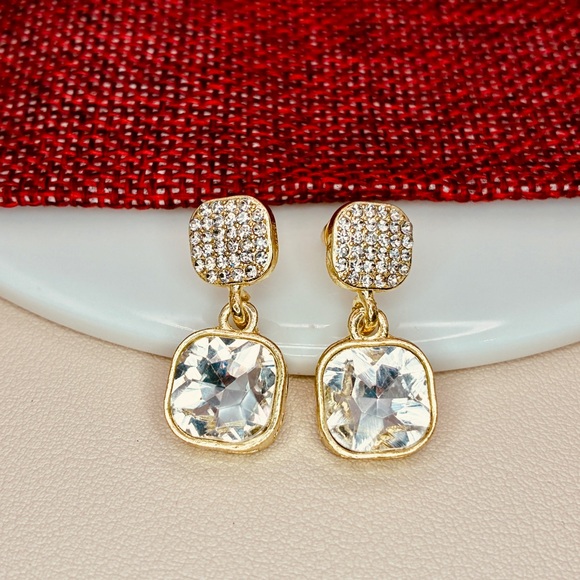 Gold Crystal Dangle Drop Earrings - Picture 4 of 6